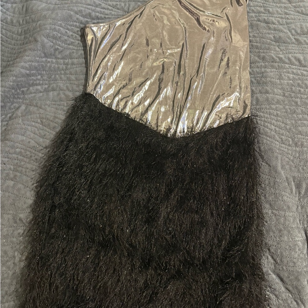 One Shoulder Metallic and Faux Fur Dress